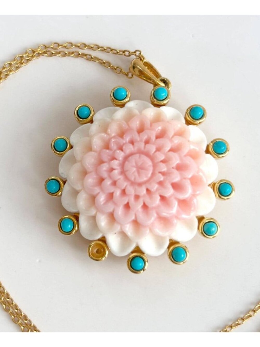 Pink Conch Shell & Turquoise Sterling Vermeil 925 Vintage Pendant Necklace - 18"